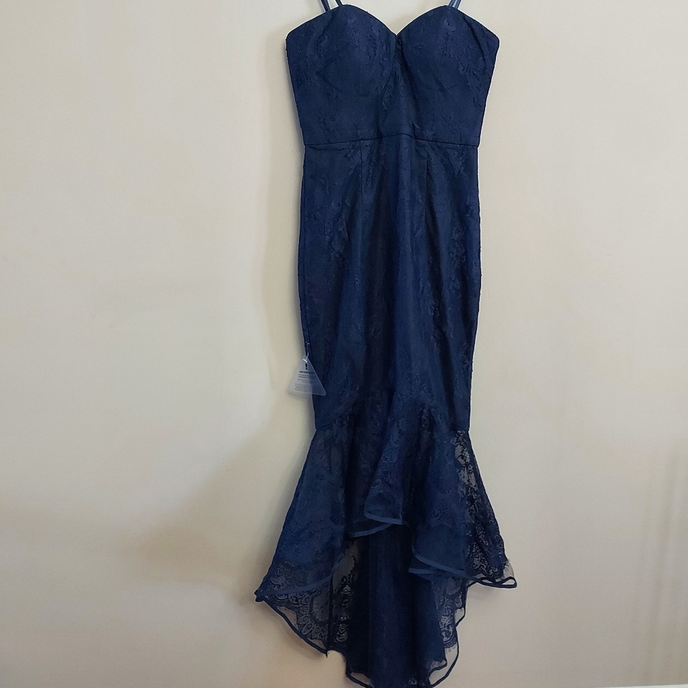 BARIANO WOMENS BLUE LACE FISHTAIL FORMAL